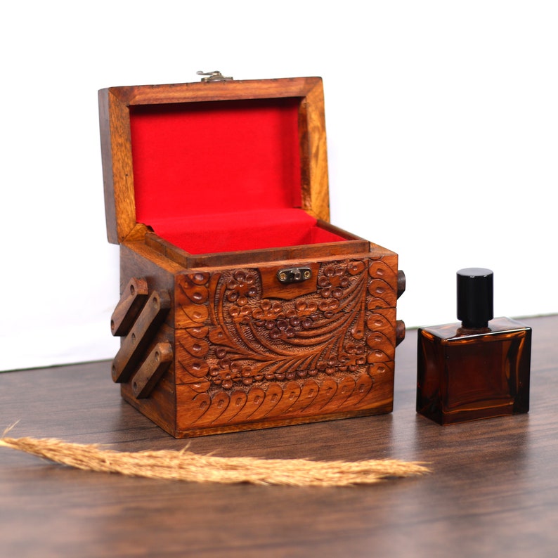 Foldable Jewelry Box with 3 Compartments, Engraved Wood Jewelry Organizer with Drawers, Jewellery Storage Box Antique Gift