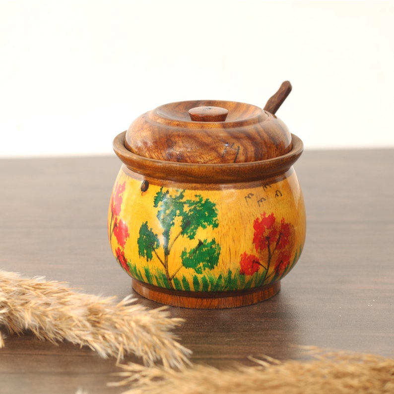 Handmade Rosewood Sugar Pot with Lid & Spoon: Kitchen Spice Jar
