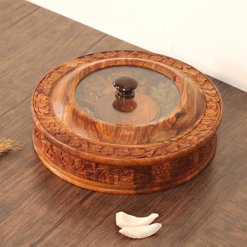 Engraved Rosewood Masala Box: Kitchen Spice & Dry Fruit Organizer