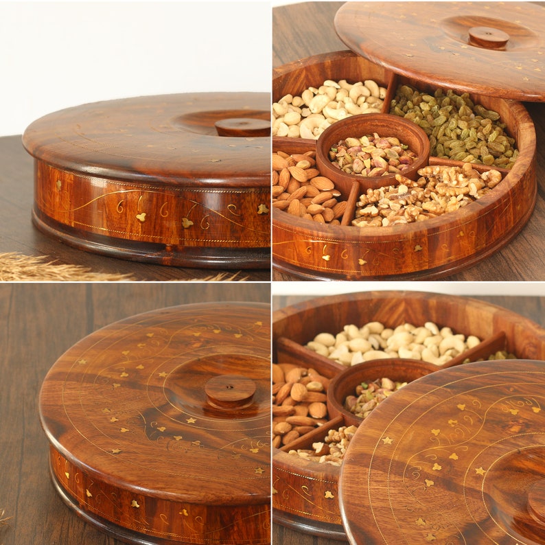 Engraved Rosewood Masala Dabba: Indian Spice Box Organizer