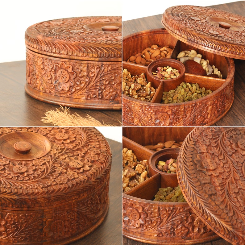 Indian Spice Box, Wooden Masala Box with Lid, Masala Dabba, Spice Container, Dry Fruit Organizer Box, Multipurpose Dry Fruit/Spice Box