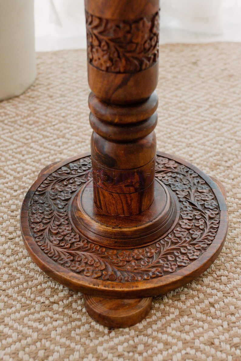 End Tables for Living Room - Round Side Tables Rustic Home Decor, Wooden Coffee Table with Engraving and Brass Inlays, Farmhouse Decor