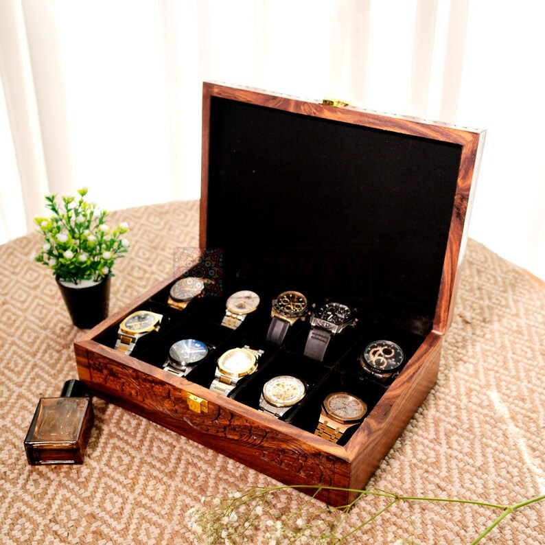 Rustic Wooden Watch Box: 10-Slot Floral Carved Boho Decor