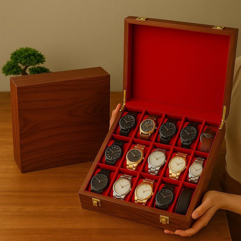 Watch Box for Men Personalized 15 Slot Wooden Watch Organizer Engraved Gift for Husband Dad Son Christmas Anniversary Graduation Present