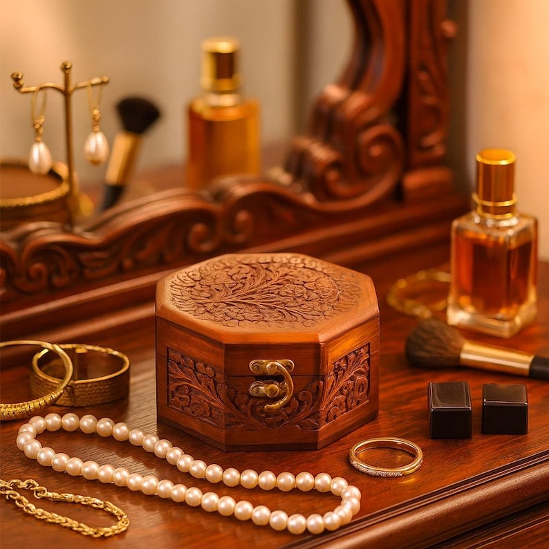 Engraved Wooden Jewelry Box – Necklace, Ring, Earring Holder, Christmas Gift for Mom, Wife, Girlfriend & Travel Jewelry Case