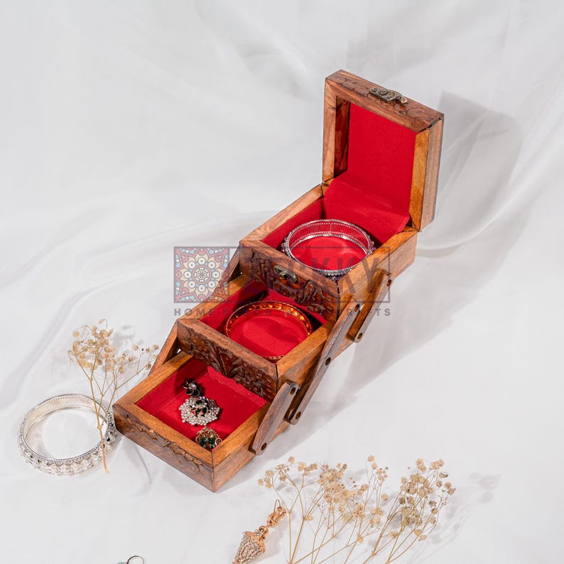 Foldable Jewelry Organizer with Compartments, Engraved Wood Jewelry Box with Drawers and Lock, Jewellery Storage Box Unique Gift