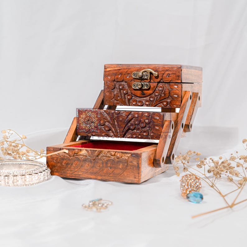Handmade Rosewood Layered Jewelry Box: Engraved Vintage Storage