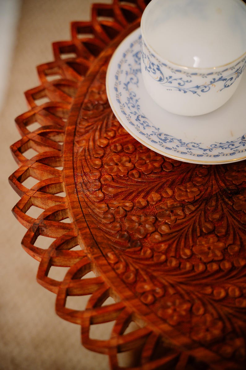 Foldable Boho Picnic Table, Engraved Natural Wood, Portable Side Table