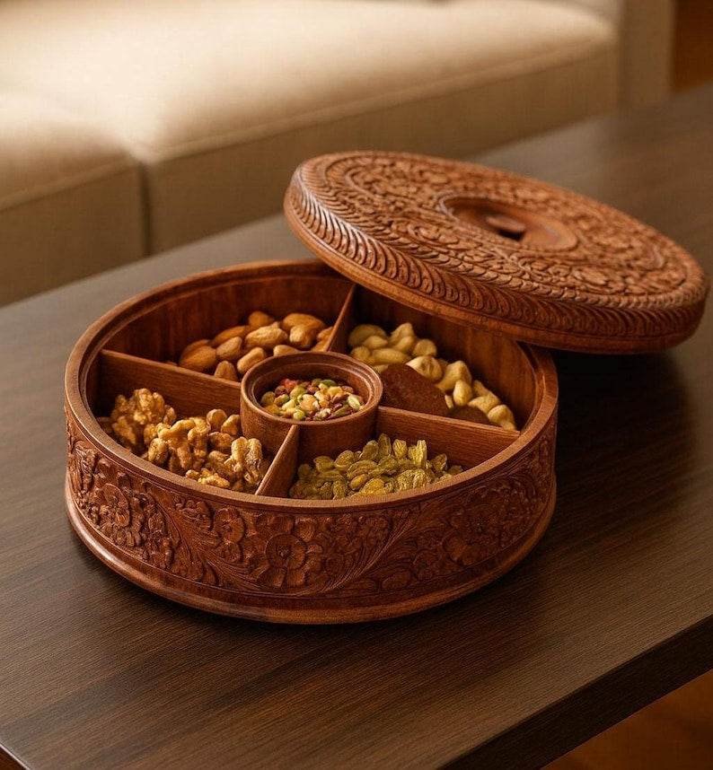 Handmade Wooden Storage Box: Indian Handicraft Dry Fruit Box Masala Dabba Gift for Mom Grandma