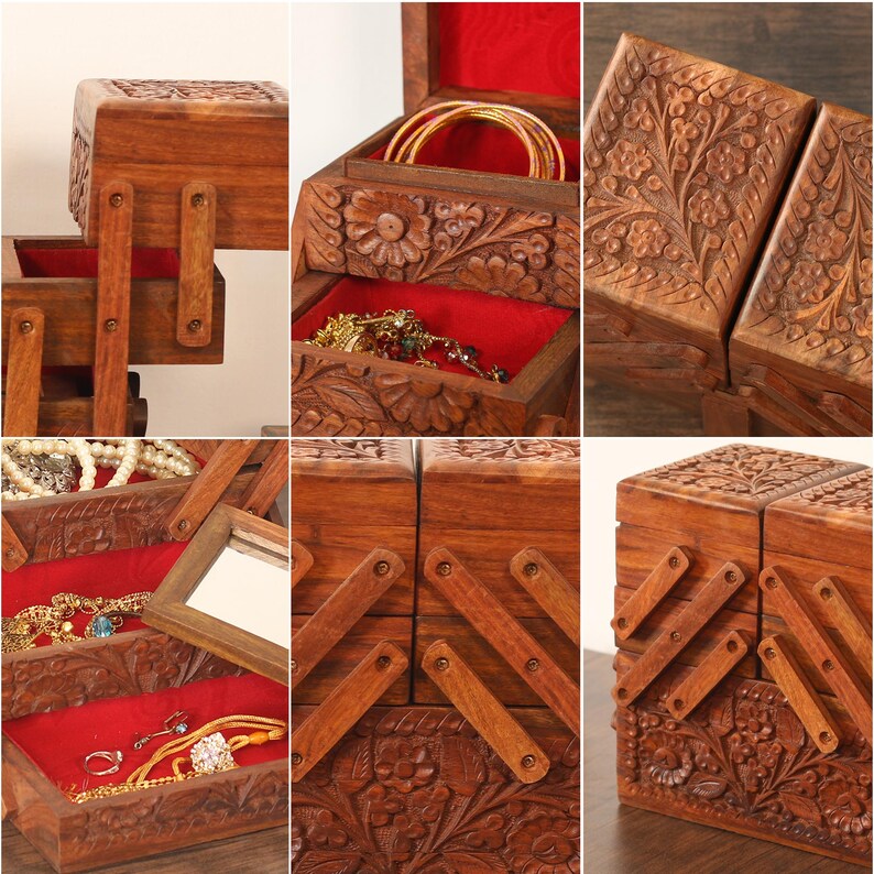 Personalize Jewelry Organizer with 7 Compartments, Engraved Wood Jewelry Box with Drawers and Mirror, Jewellery Storage Box Unique Gift