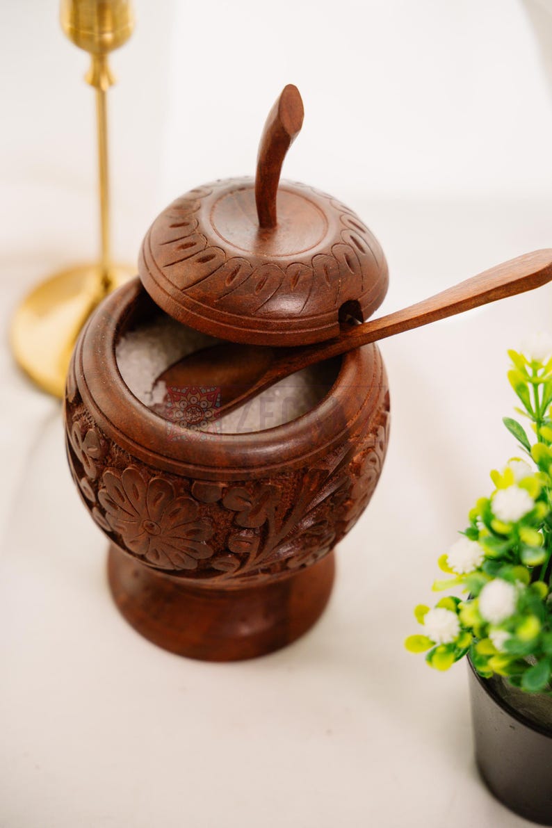 Wooden Salt Cellar Sugar Bowl with Lid & Spoon: Handmade Kitchen Organizer Unique Gift for Chefs