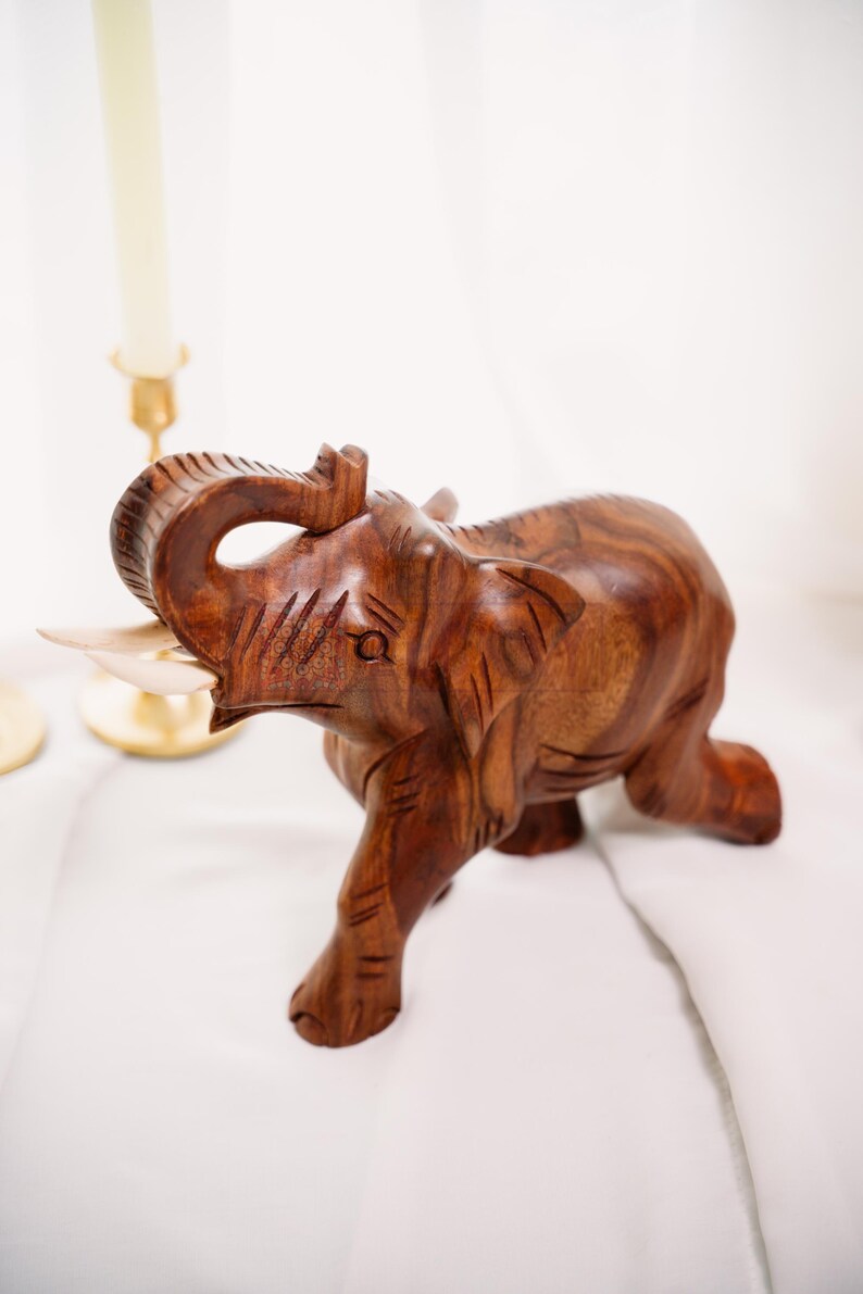 Hand-Carved Rosewood Elephant Sculpture, Rustic Home Decor