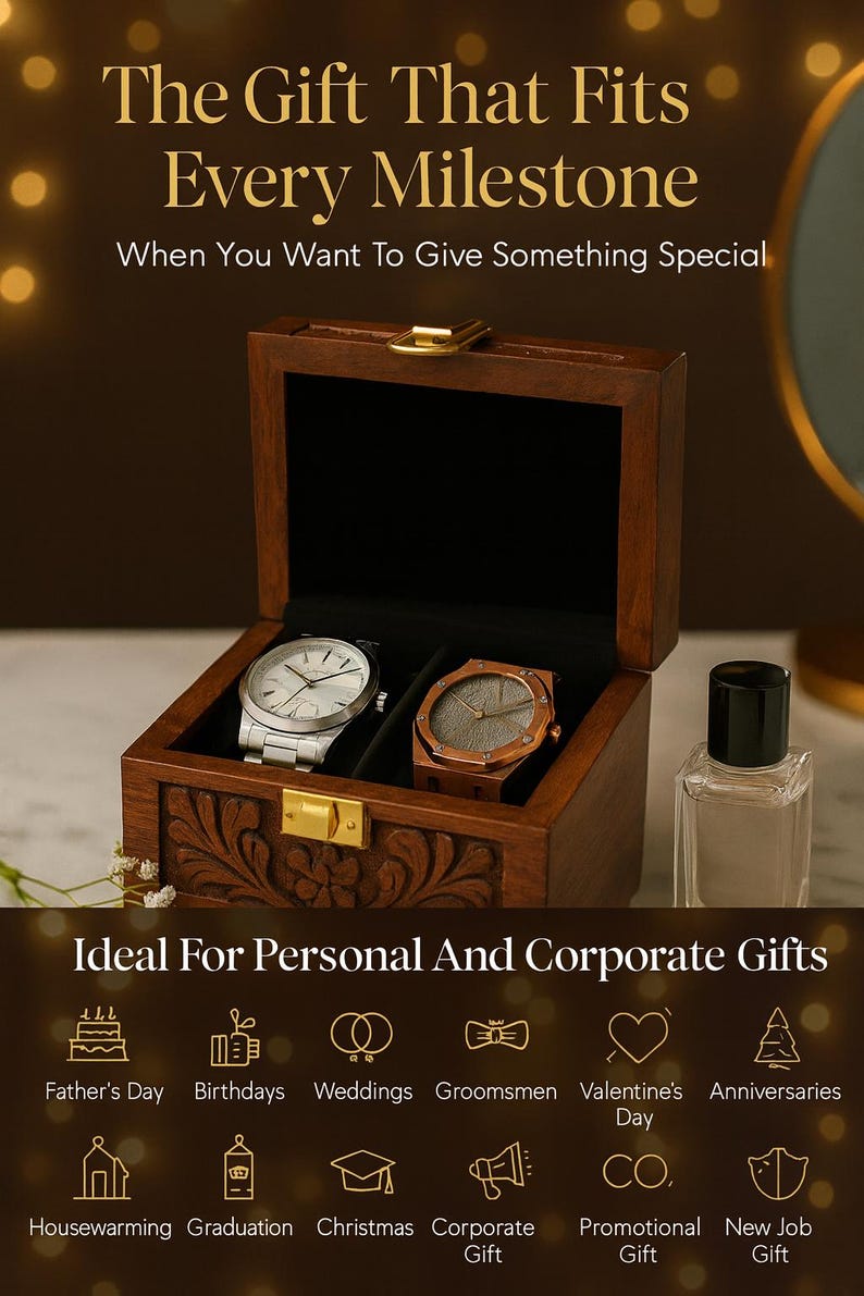 Engraved Watch Storage Box with Dual Slots Velvet Lined & Secure Metal Lock Wedding Anniversary Gift for Him