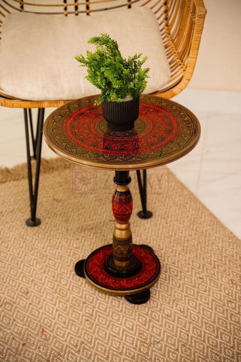Hand-Painted Moroccan Round Coffee Table – Unique Boho Wooden End Table for Living Room & Bedroom Decor