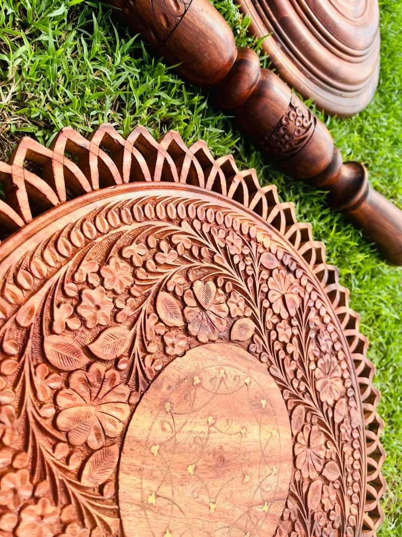 Round Coffee Table - Handmade Wooden Live Edge Coffee Table With Engraving And Brass Art, Mid Century End Table Entryway Home Decor