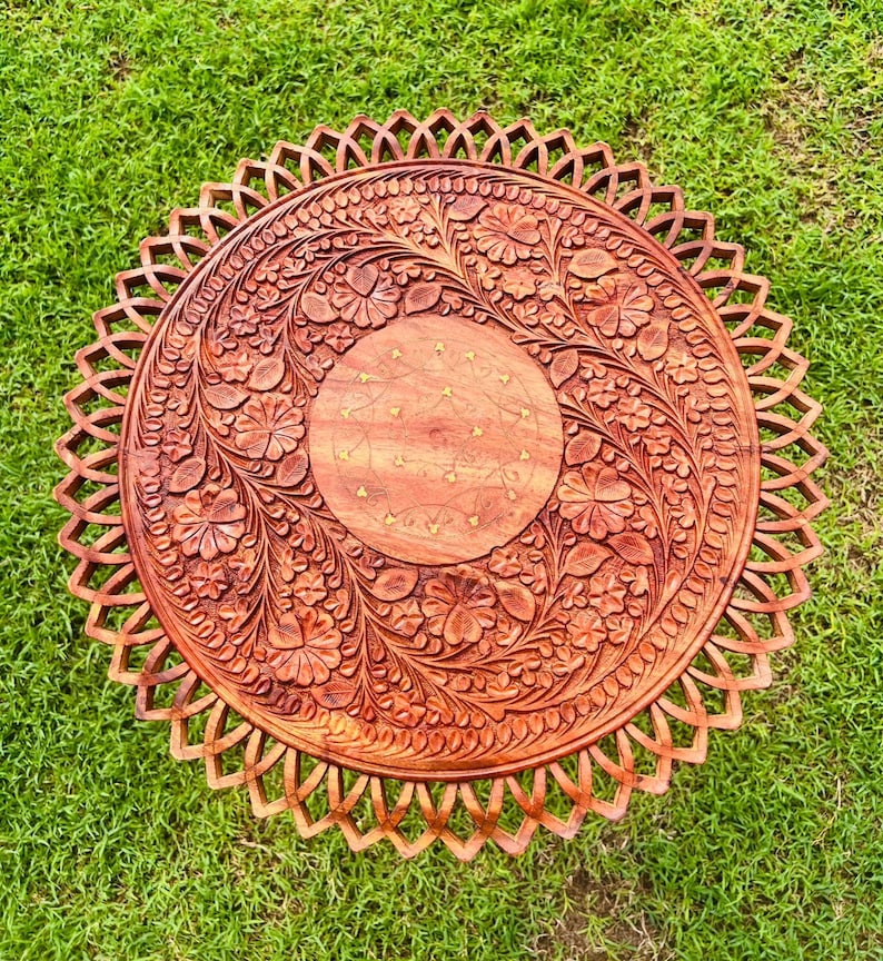 Round Coffee Table - Handmade Wooden Live Edge Coffee Table With Engraving And Brass Art, Mid Century End Table Entryway Home Decor