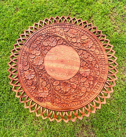 Round Coffee Table - Handmade Wooden Live Edge Coffee Table With Engraving And Brass Art, Mid Century End Table Entryway Home Decor