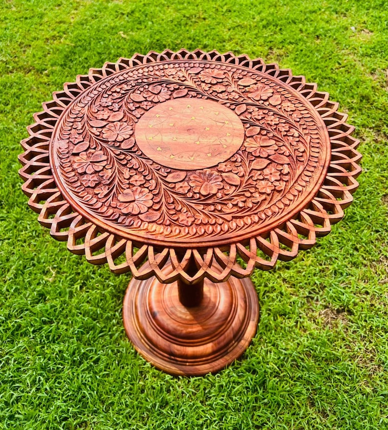 Round Coffee Table - Handmade Wooden Live Edge Coffee Table With Engraving And Brass Art, Mid Century End Table Entryway Home Decor