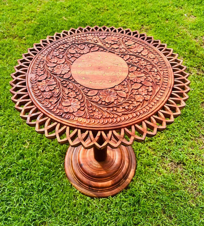 Round Coffee Table - Handmade Wooden Live Edge Coffee Table With Engraving And Brass Art, Mid Century End Table Entryway Home Decor