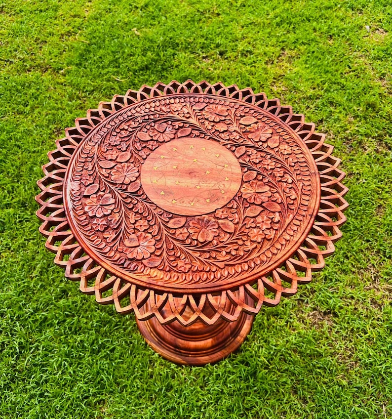Round Coffee Table - Handmade Wooden Live Edge Coffee Table With Engraving And Brass Art, Mid Century End Table Entryway Home Decor