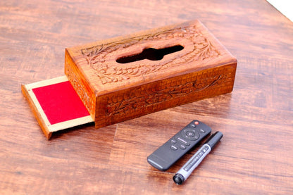 Handmade Rosewood Tissue Box Cover: Rustic Floral Carved Wood