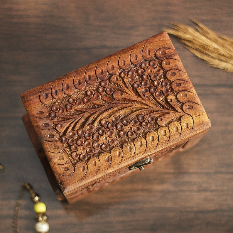 Foldable Jewelry Box with 3 Compartments, Engraved Wood Jewelry Organizer with Drawers, Jewellery Storage Box Antique Gift