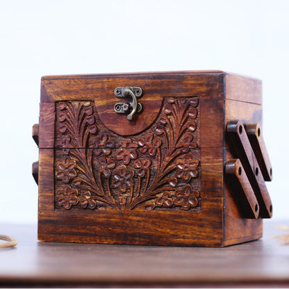 Foldable Jewelry Box with 3 Compartments, Engraved Wood Jewelry Organizer with Drawers, Jewellery Storage Box Antique Gift