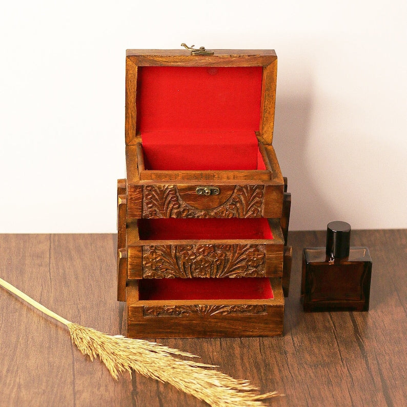 Foldable Jewelry Box with 3 Compartments, Engraved Wood Jewelry Organizer with Drawers, Jewellery Storage Box Antique Gift