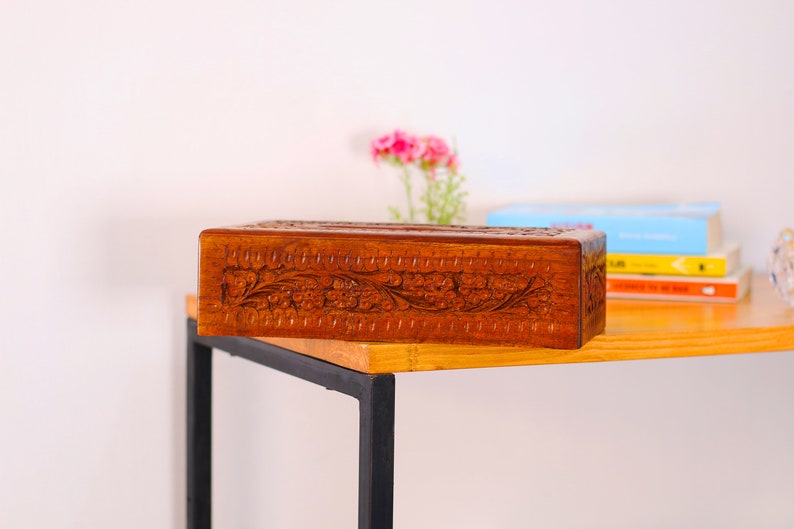 Handmade Rosewood Tissue Box Cover: Rustic Floral Carved Wood