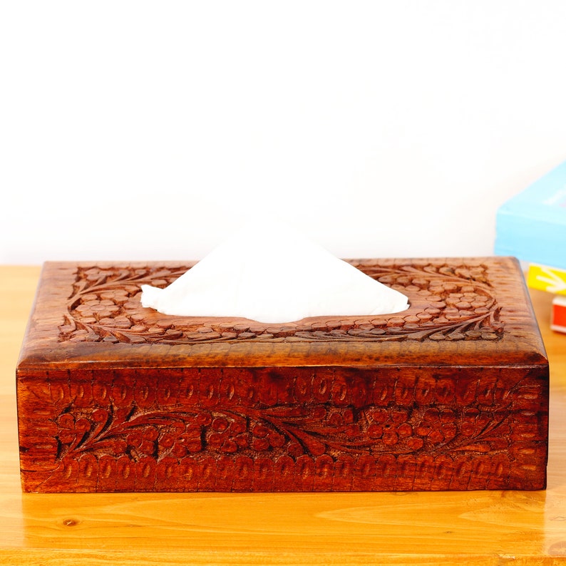 Handmade Rosewood Tissue Box Cover: Rustic Floral Carved Wood