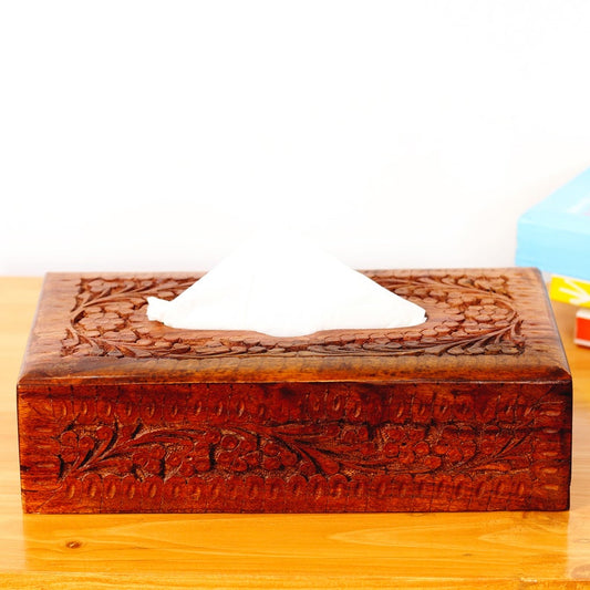 Handmade Rosewood Tissue Box Cover: Rustic Floral Carved Wood