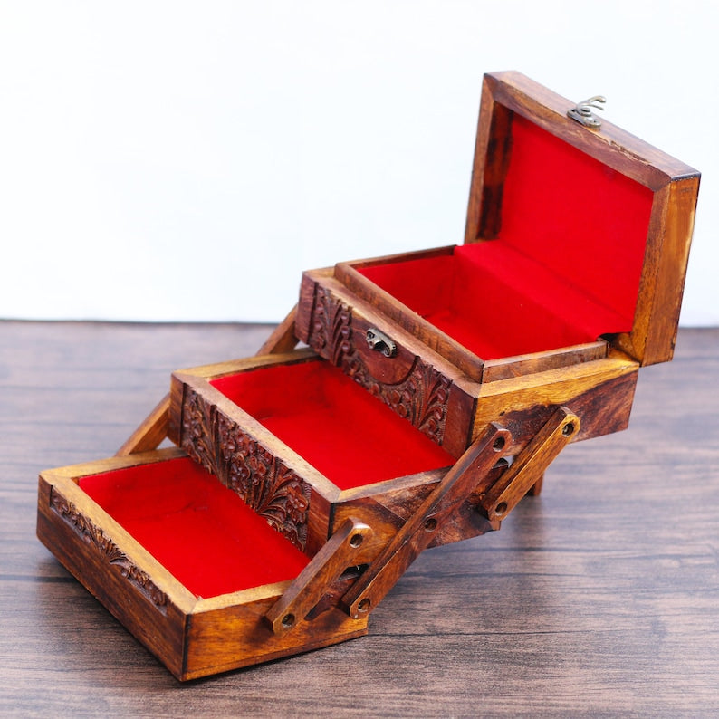 Foldable Jewelry Box with 3 Compartments, Engraved Wood Jewelry Organizer with Drawers, Jewellery Storage Box Antique Gift