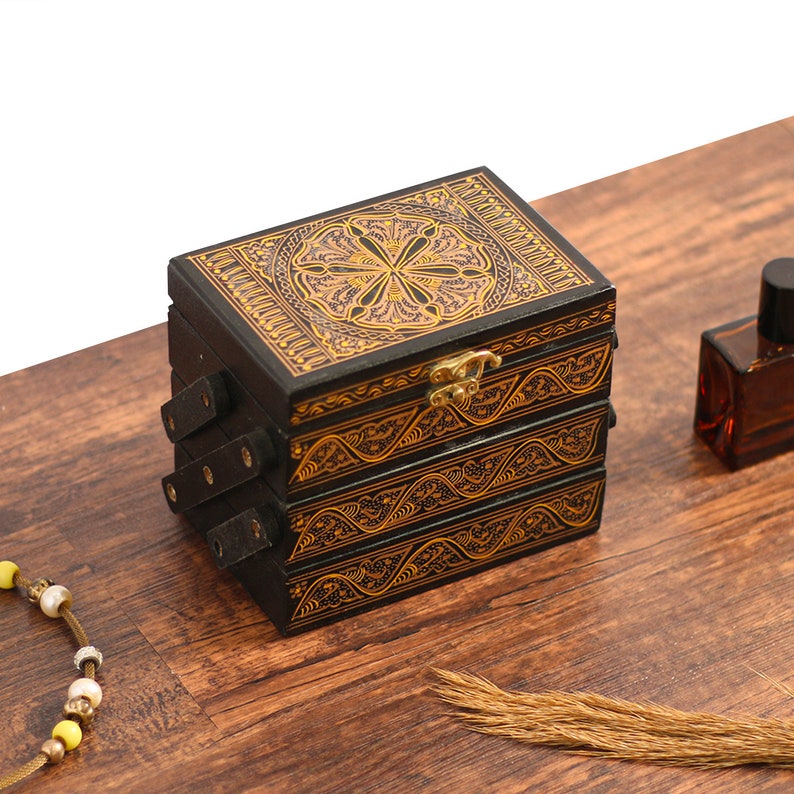 Foldable Jewelry Organizer, Layered Jewelry Box with 3 Compartments, Lacquer Art Wood Jewelry Box, Jewellery Storage Box Unique Gifts