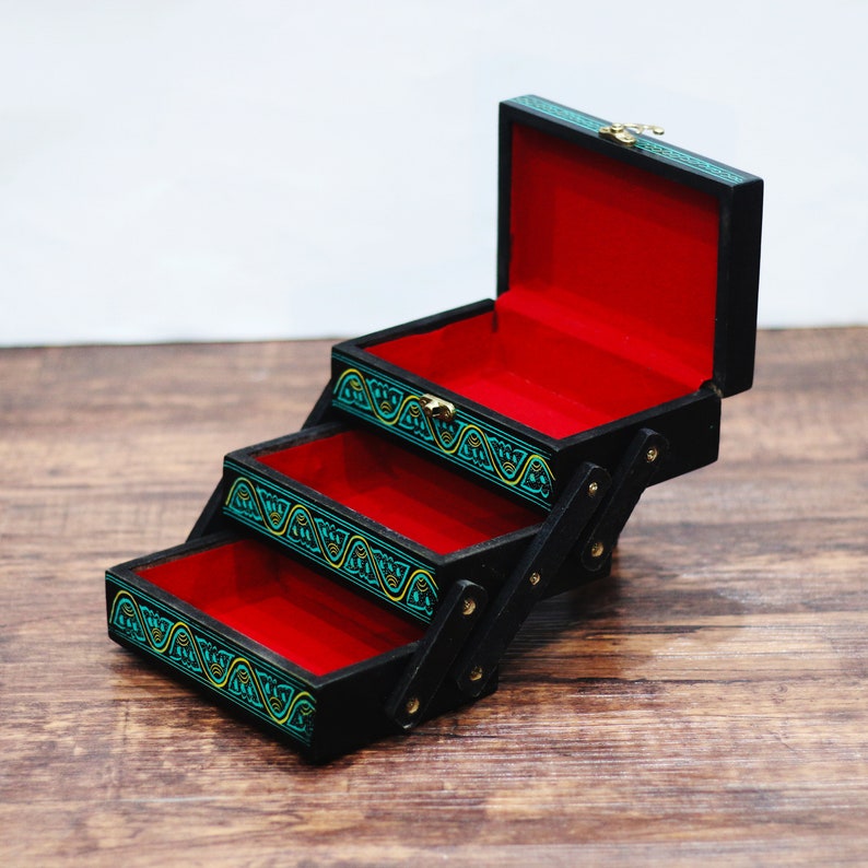 Foldable Jewelry Organizer, Layered Jewelry Box with 3 Compartments, Lacquer Art Wood Jewelry Box, Jewellery Storage Box Unique Gifts