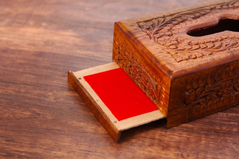 Handmade Rosewood Tissue Box Cover: Rustic Floral Carved Wood