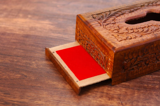 Handmade Rosewood Tissue Box Cover: Rustic Floral Carved Wood