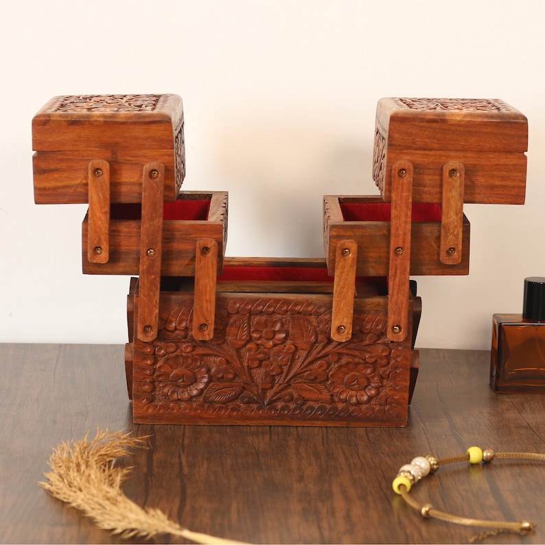 Foldable Jewelry Organizer with 7 Compartments, Engraved Wood Jewelry Box with Drawers and Mirror, Jewellery Storage Box Unique Gift