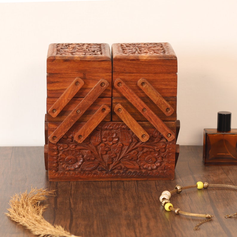 Foldable Jewelry Organizer with 7 Compartments, Engraved Wood Jewelry Box with Drawers and Mirror, Jewellery Storage Box Unique Gift