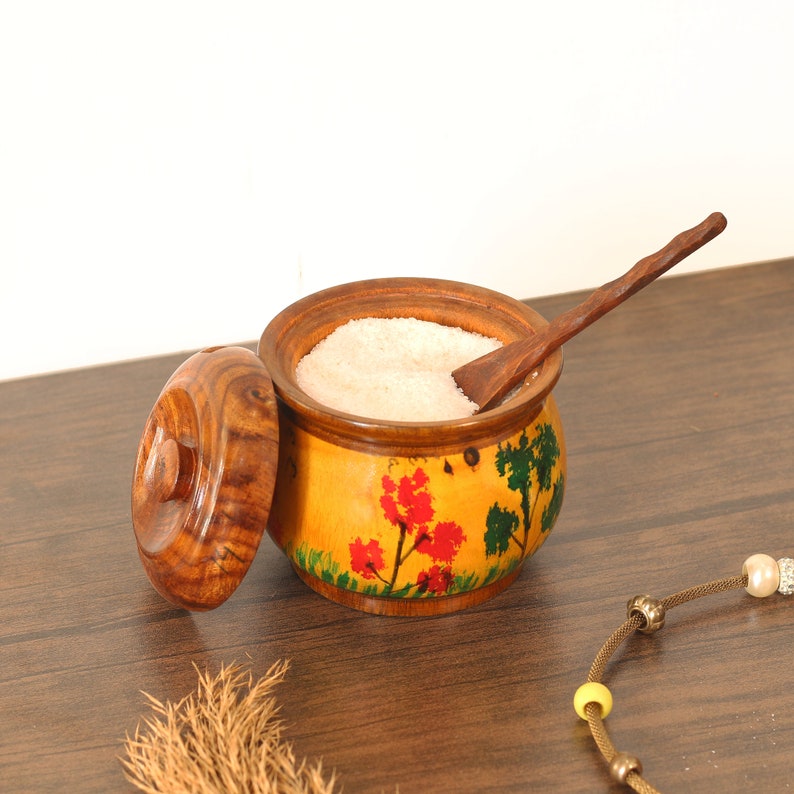 Handmade Rosewood Sugar Pot with Lid & Spoon: Kitchen Spice Jar