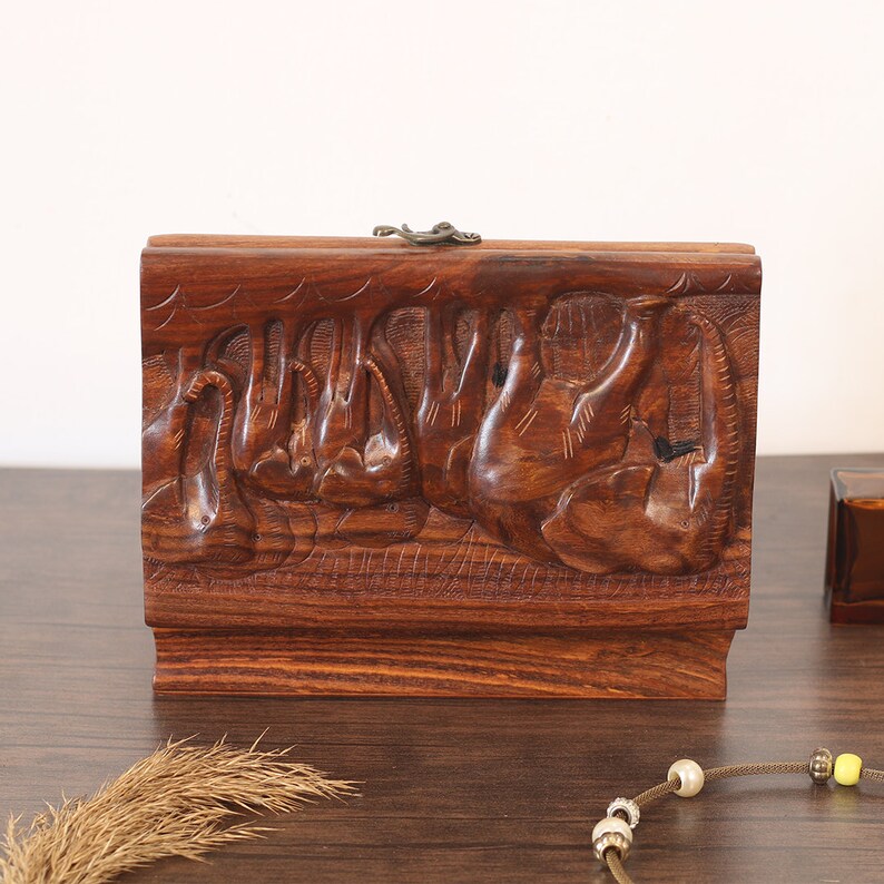 Elephant Jewelry Box, Wooden Jewelry Organizer Box with Two Compartments, Elephant Lovers Gifts for Women, Engrave Elephant Family Art Decor