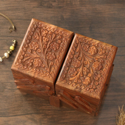 Foldable Jewelry Organizer with 7 Compartments, Engraved Wood Jewelry Box with Drawers and Mirror, Jewellery Storage Box Unique Gift