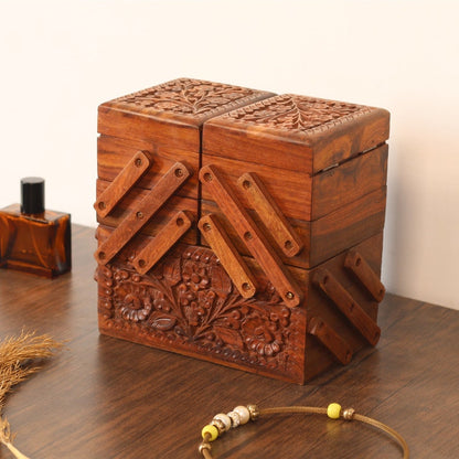 Foldable Jewelry Organizer with 7 Compartments, Engraved Wood Jewelry Box with Drawers and Mirror, Jewellery Storage Box Unique Gift