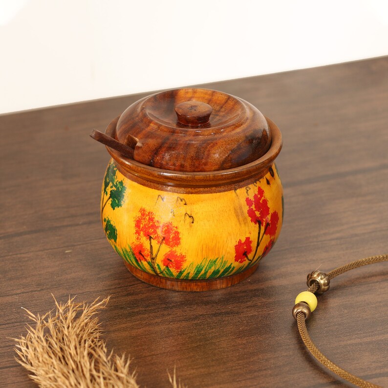 Handmade Rosewood Sugar Pot with Lid & Spoon: Kitchen Spice Jar