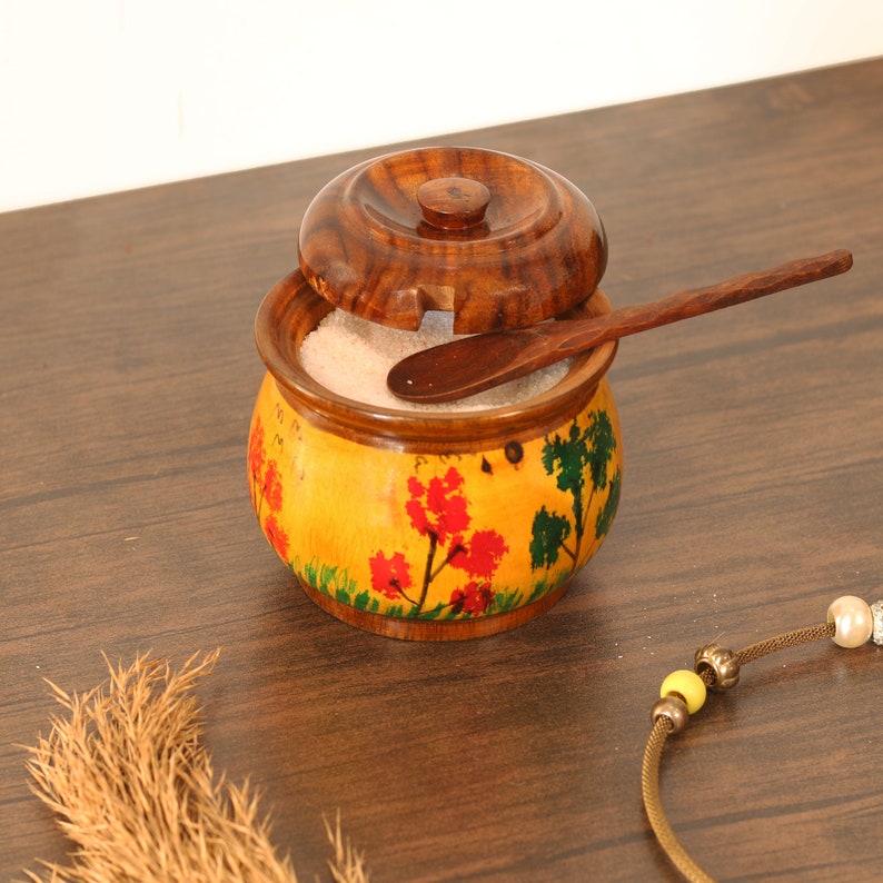 Handmade Rosewood Sugar Pot with Lid & Spoon: Kitchen Spice Jar