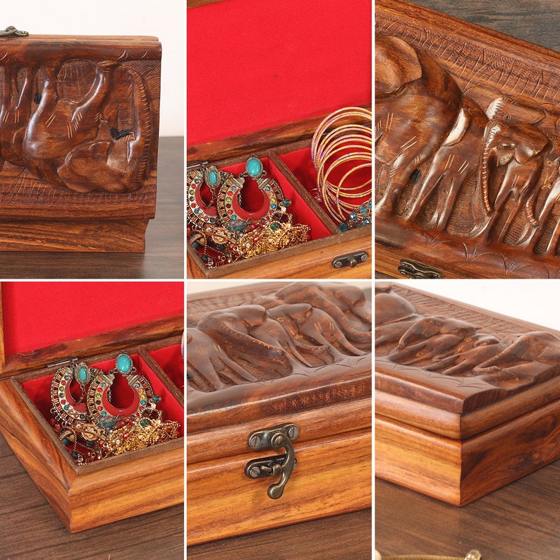 Elephant Jewelry Box, Wooden Jewelry Organizer Box with Two Compartments, Elephant Lovers Gifts for Women, Engrave Elephant Family Art Decor