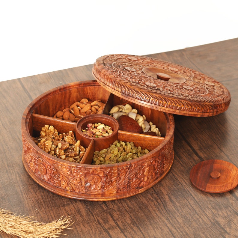 Indian Spice Box, Wooden Masala Box with Lid, Masala Dabba, Spice Container, Dry Fruit Organizer Box, Multipurpose Dry Fruit/Spice Box