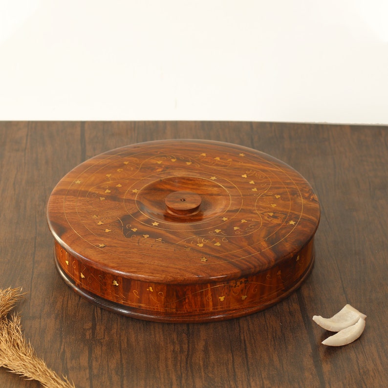 Engraved Rosewood Masala Dabba: Indian Spice Box Organizer