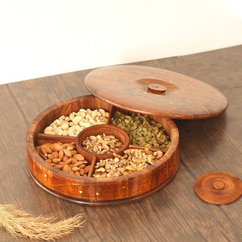 Engraved Rosewood Masala Dabba: Indian Spice Box Organizer