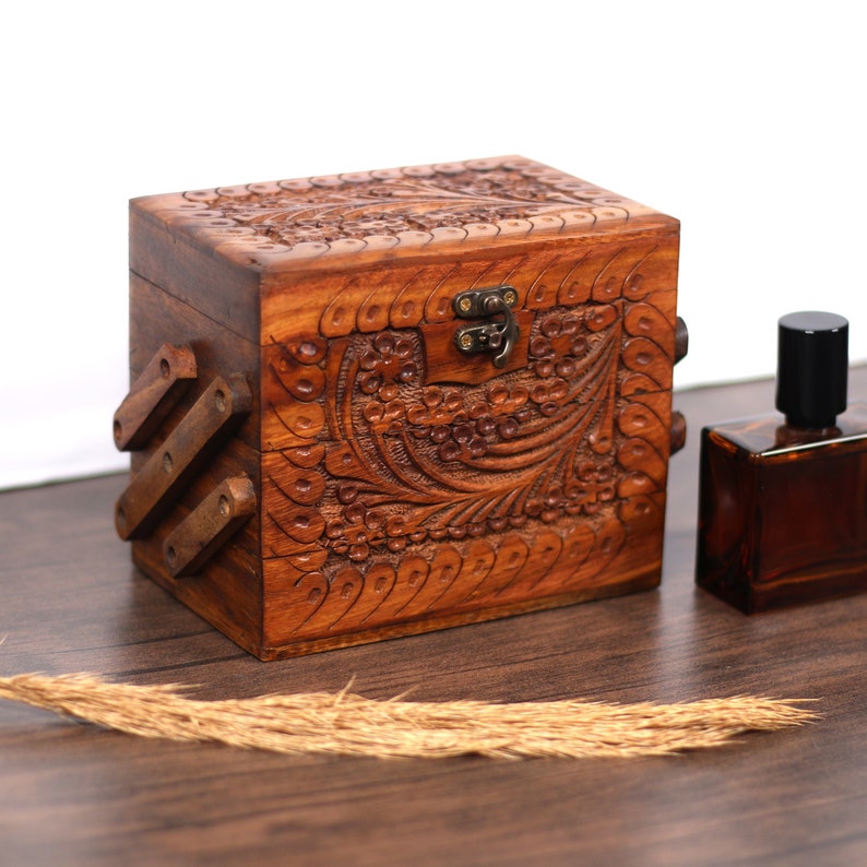 Foldable Jewelry Box with 3 Compartments, Engraved Wood Jewelry Organizer with Drawers, Jewellery Storage Box Antique Gift