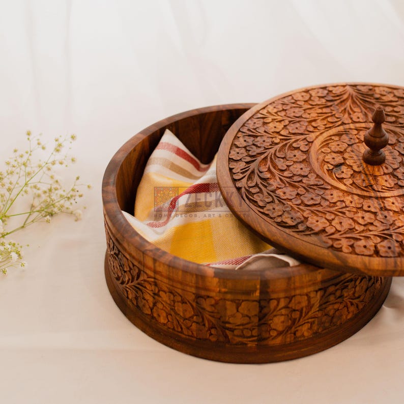 Wooden Hotpot, Heat Retaining Roti Box Indian Cookware, Indian Decor Chapati Box, Roti Warmer Indian Food Storage Container - Zeckky